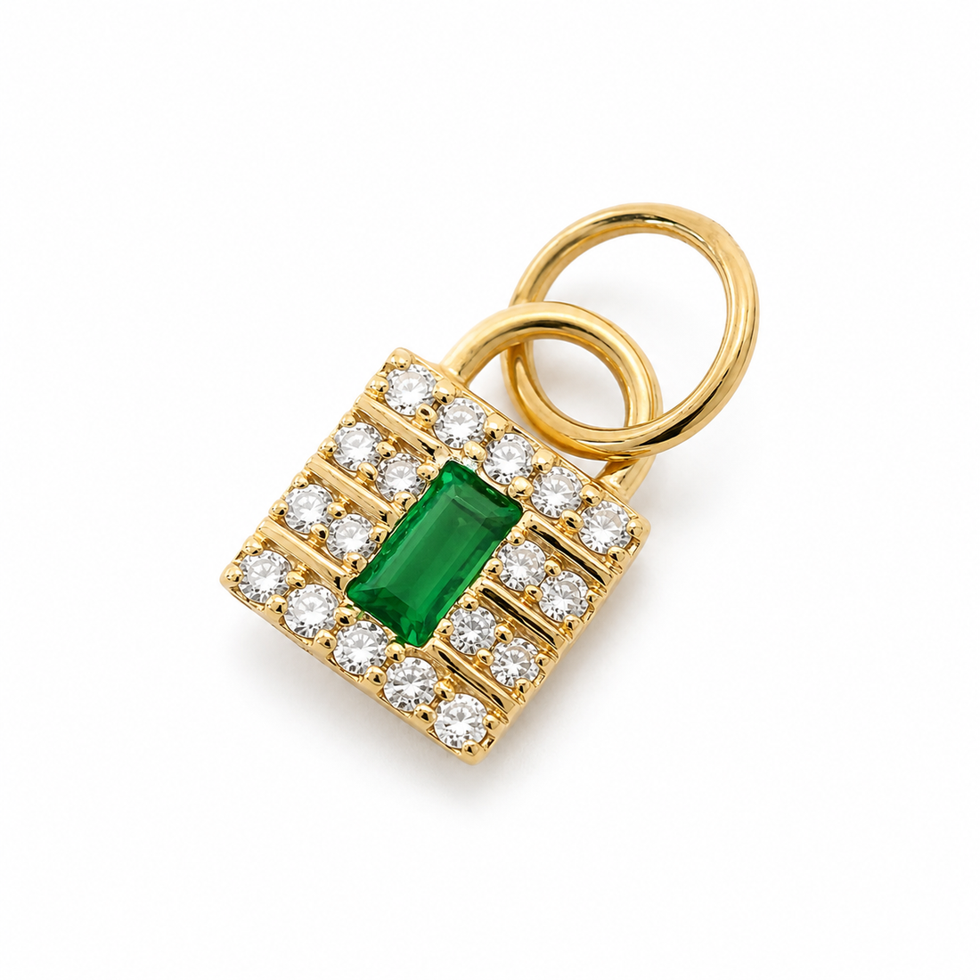 14K Gold Diamond & Emerald Lock Charm/Pendant