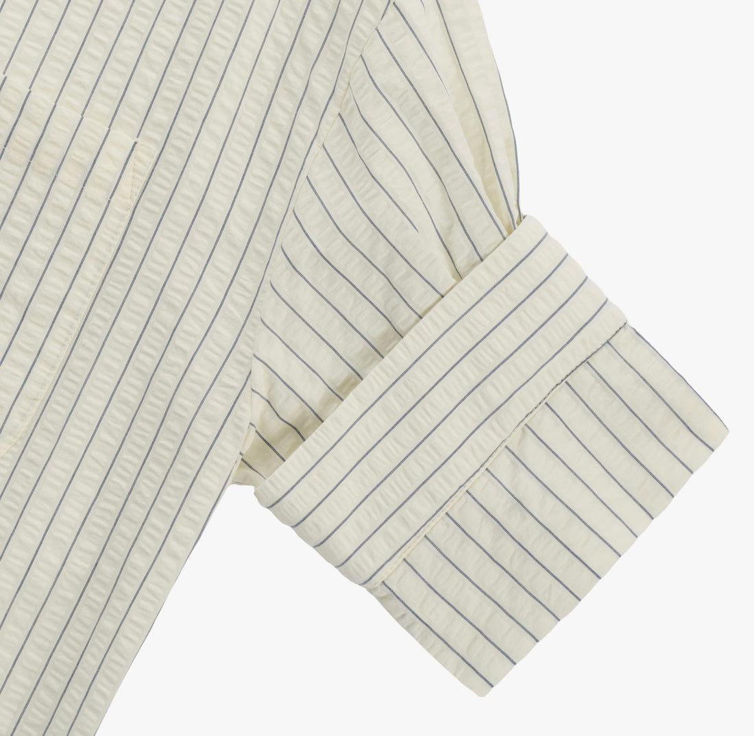 the ROSE top in blue/white stripe seersucker Italian cotton