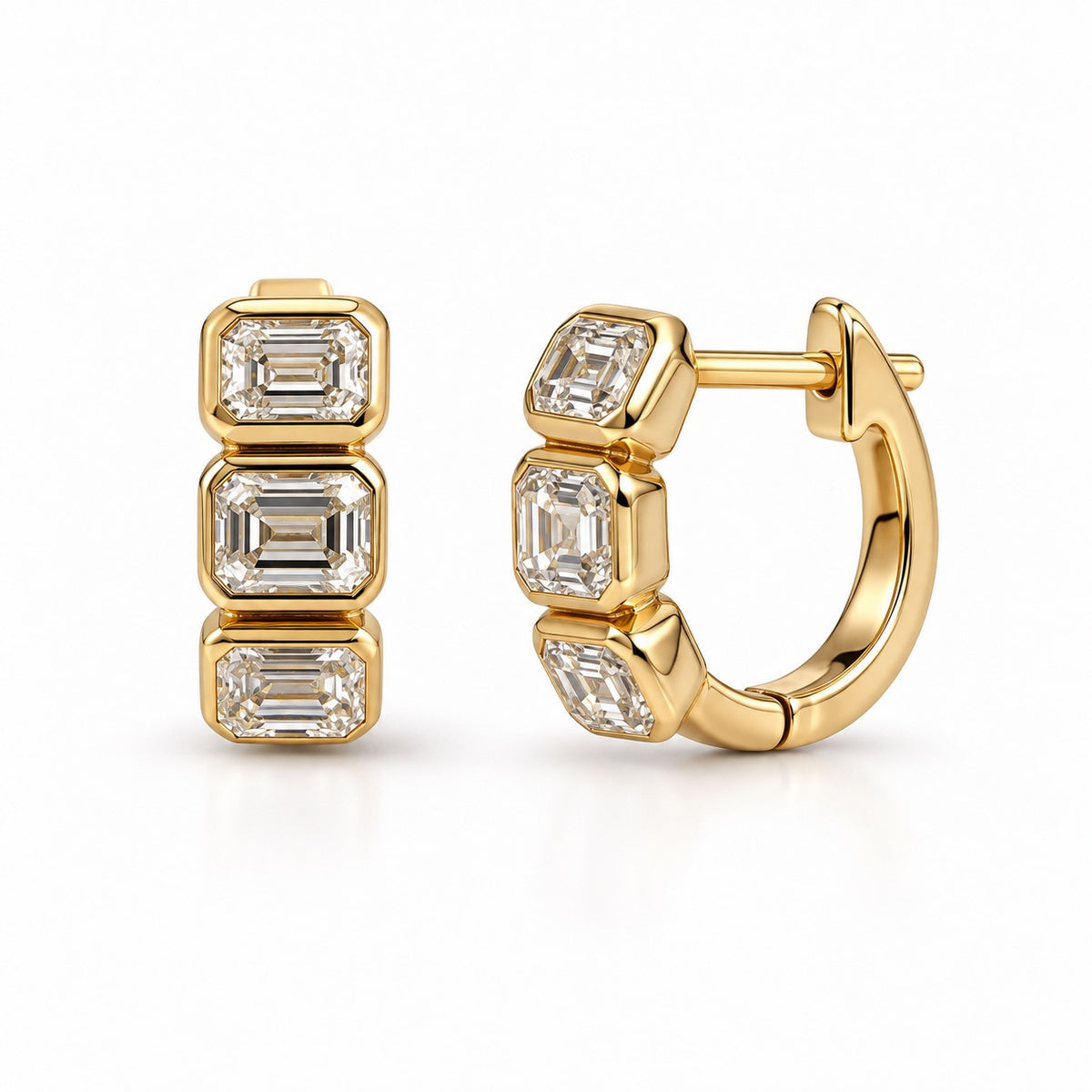 14K Gold Emerald-Cut Diamond Bezel Huggie Earrings