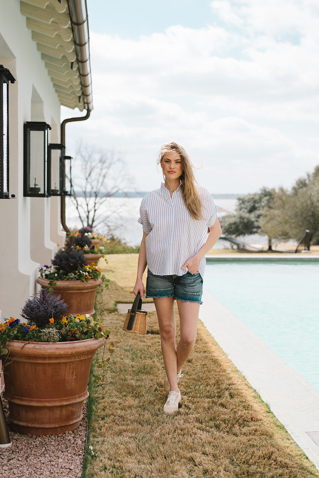 the renea top in white/blue stripe Italian cotton