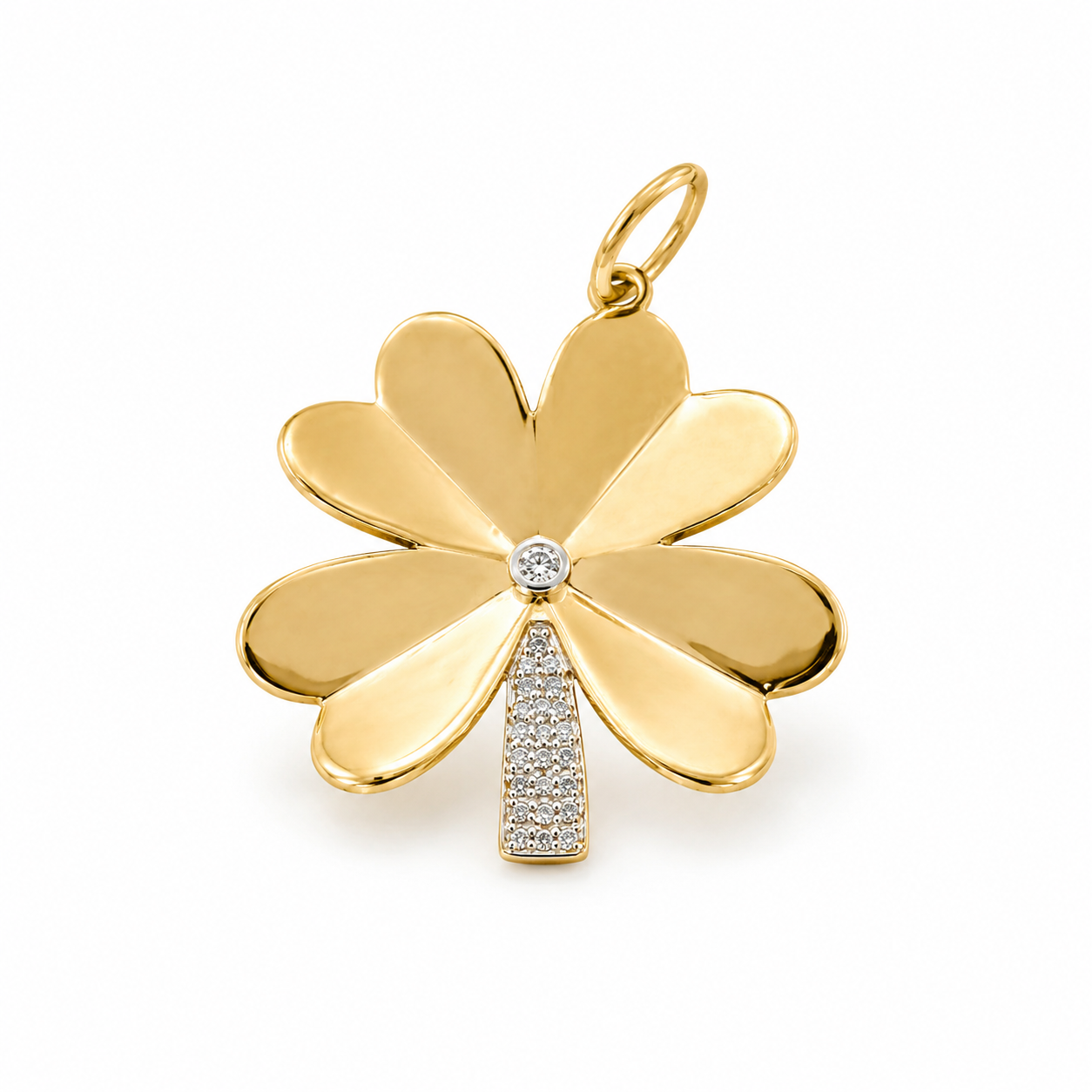 14k gold clover with diamond stem pendant