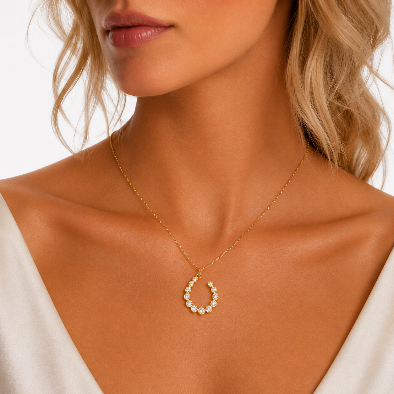 14k gold and bezel diamond horseshoe pendant
