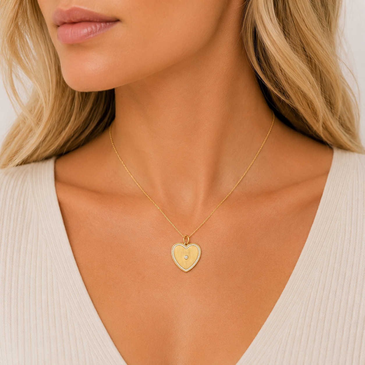 14K gold diamond heart locket pendant, close-up detail
