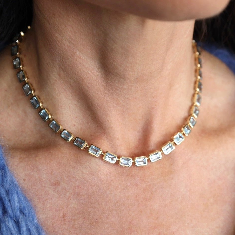 14k Aquamarine Bezel Set Emerald Cut Necklace