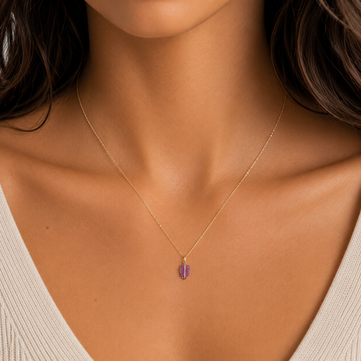 14K gold pink tourmaline leaf pendant, close-up detail