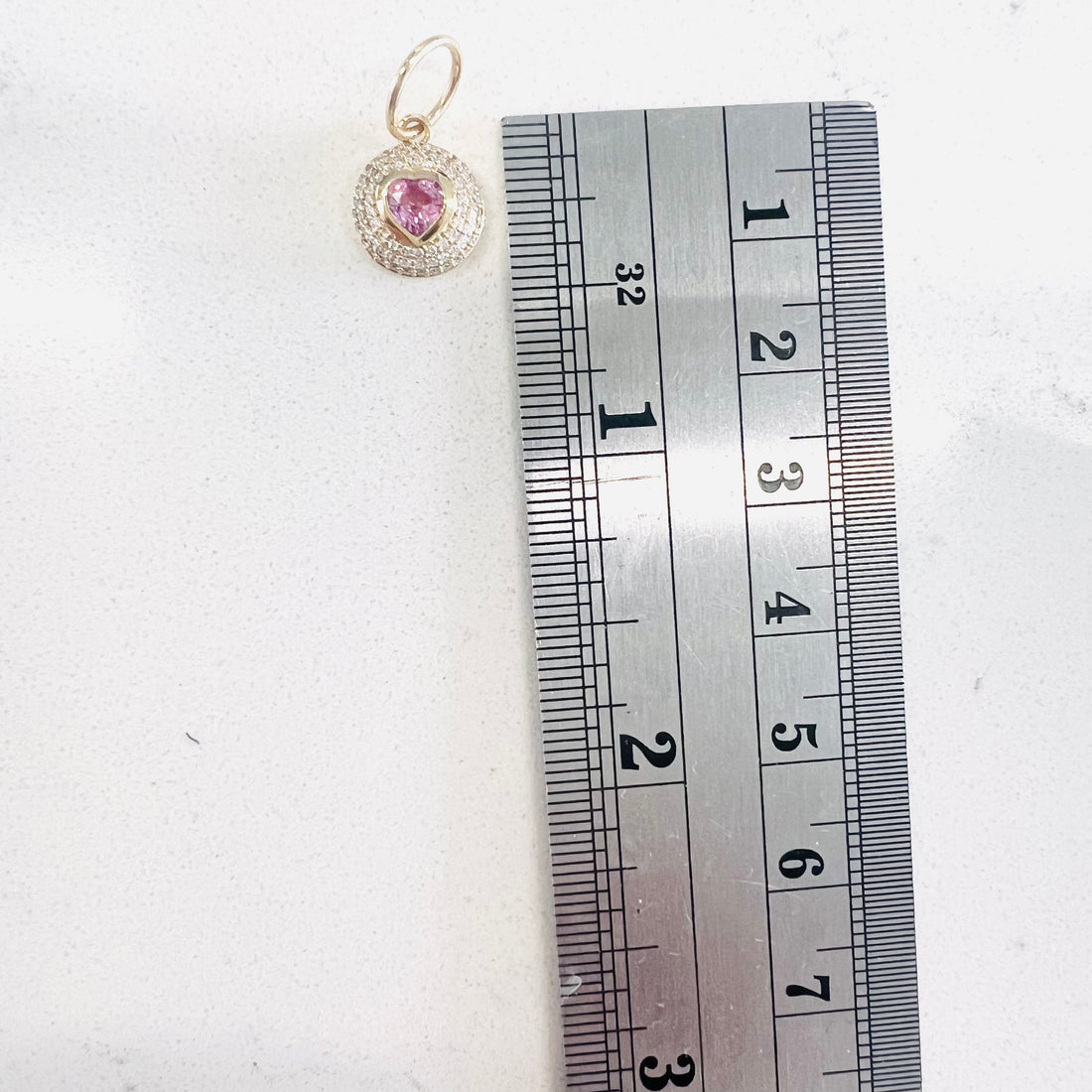 14k gold and diamond pendant/charm with pink sapphire heart