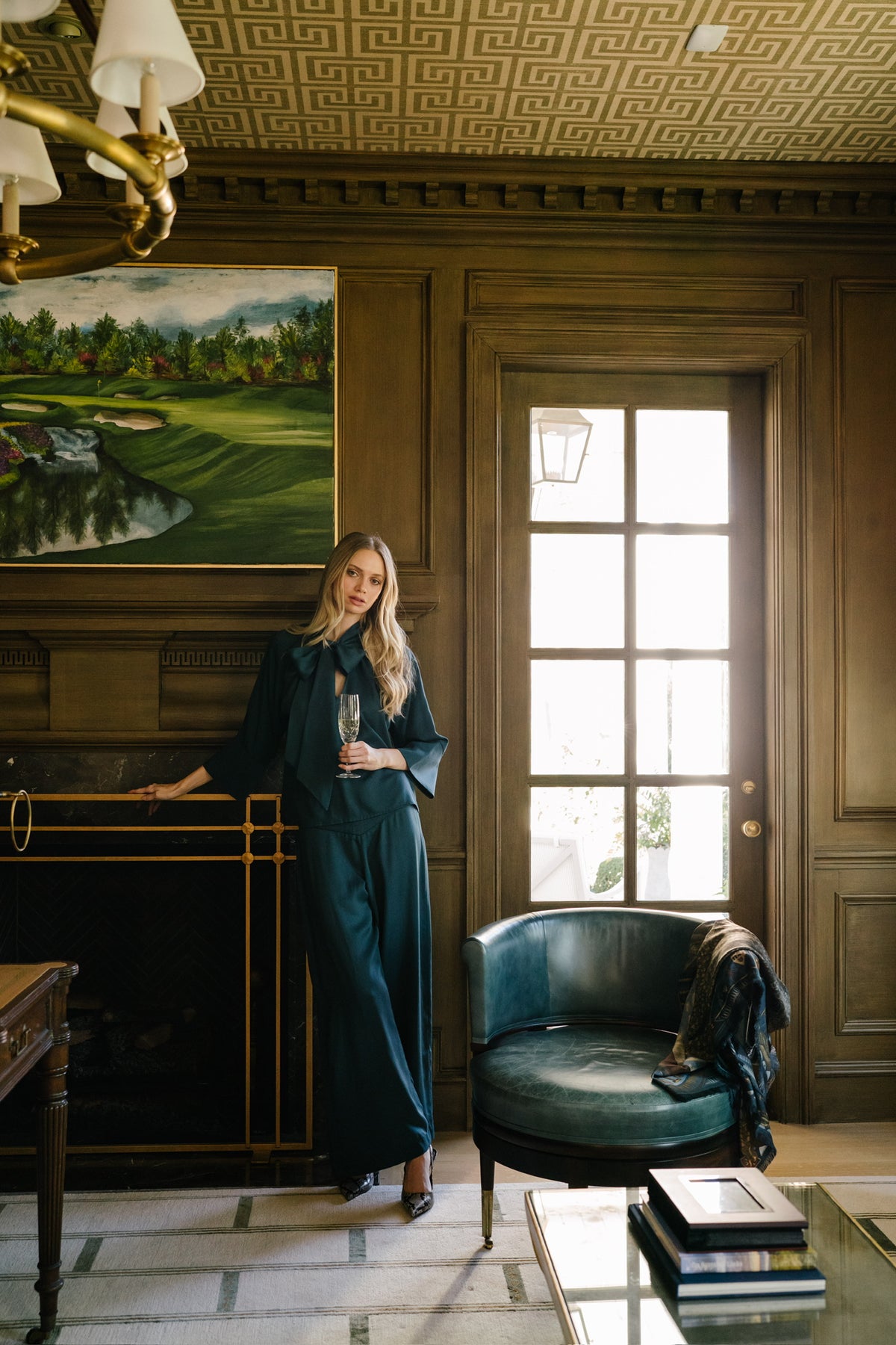 JAG peacock blue Tencel tie-neck top with 3/4 bell sleeves, styled with matching wide-leg pants