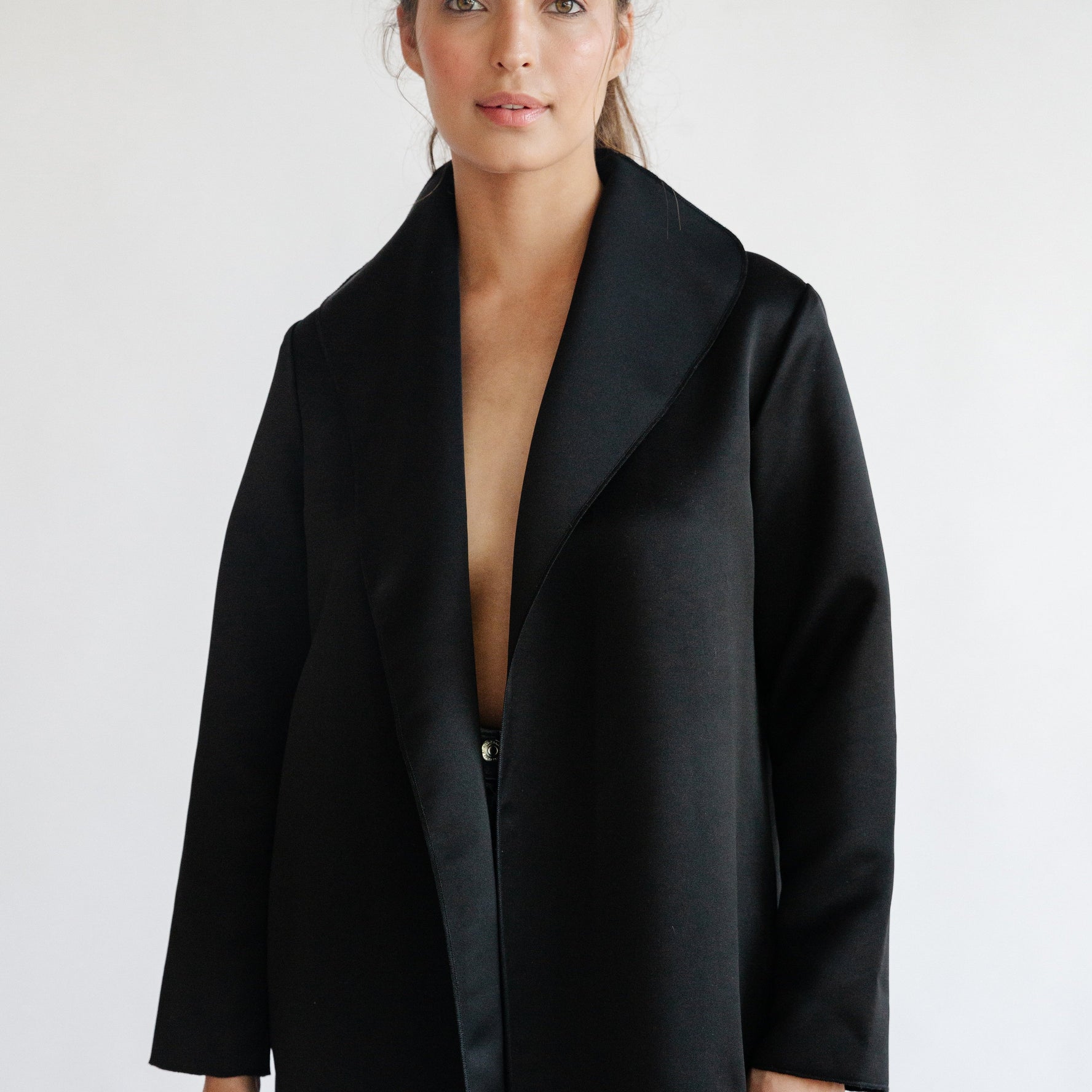 the AMANDA coat in black satin