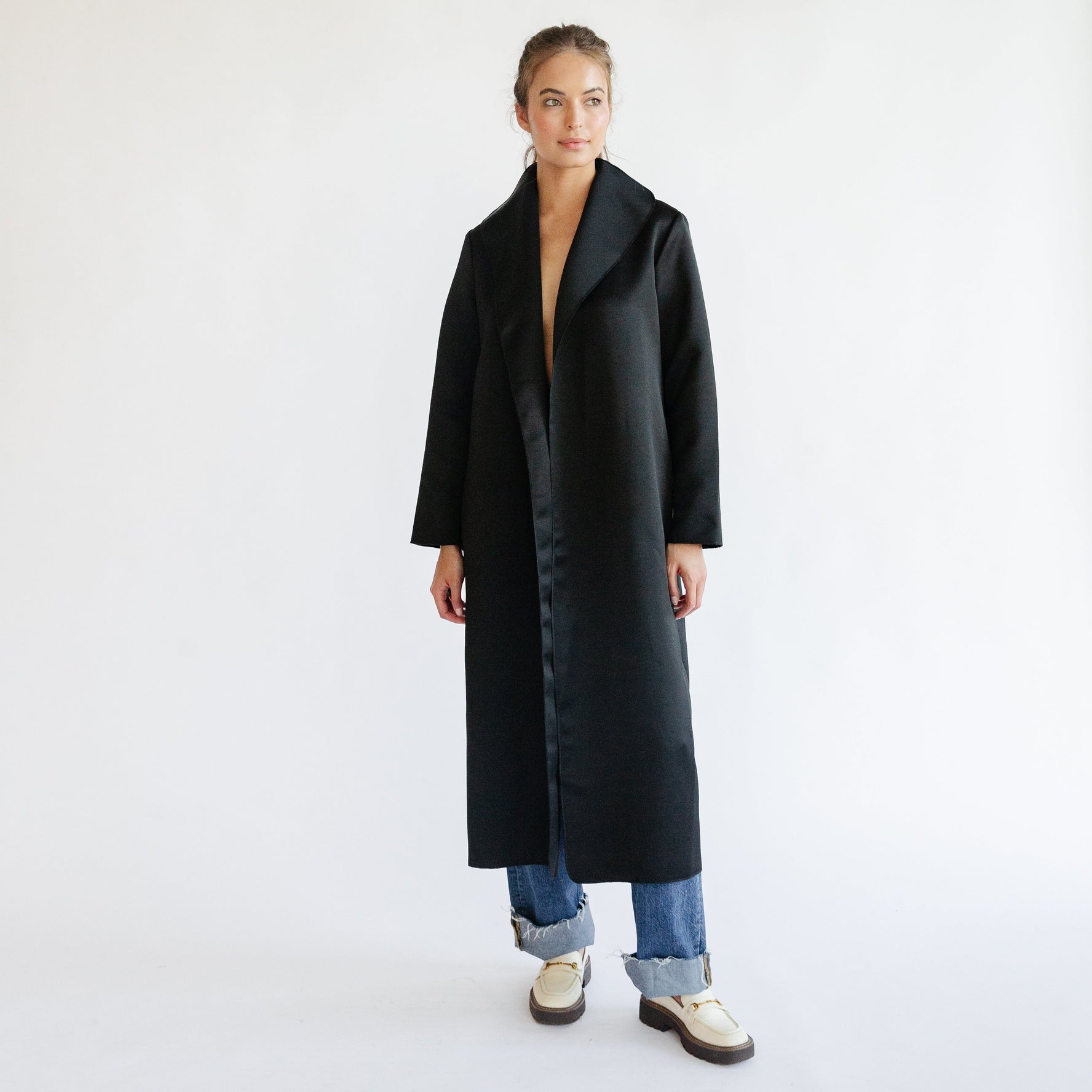 the AMANDA coat in black satin