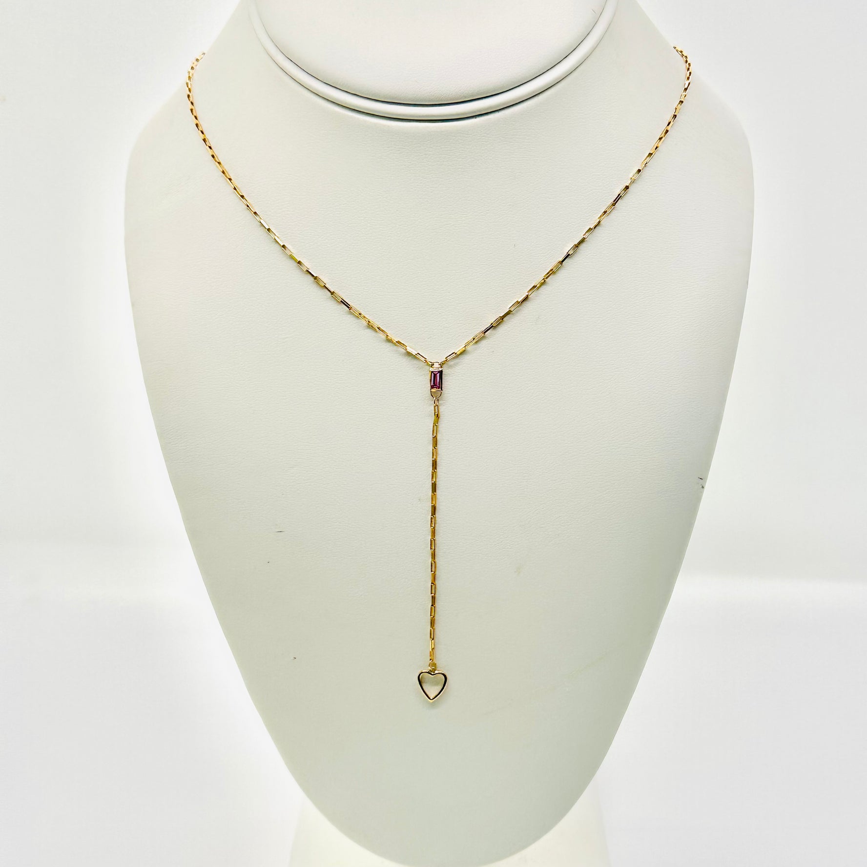 14k chain with pink sapphire and heart drop
