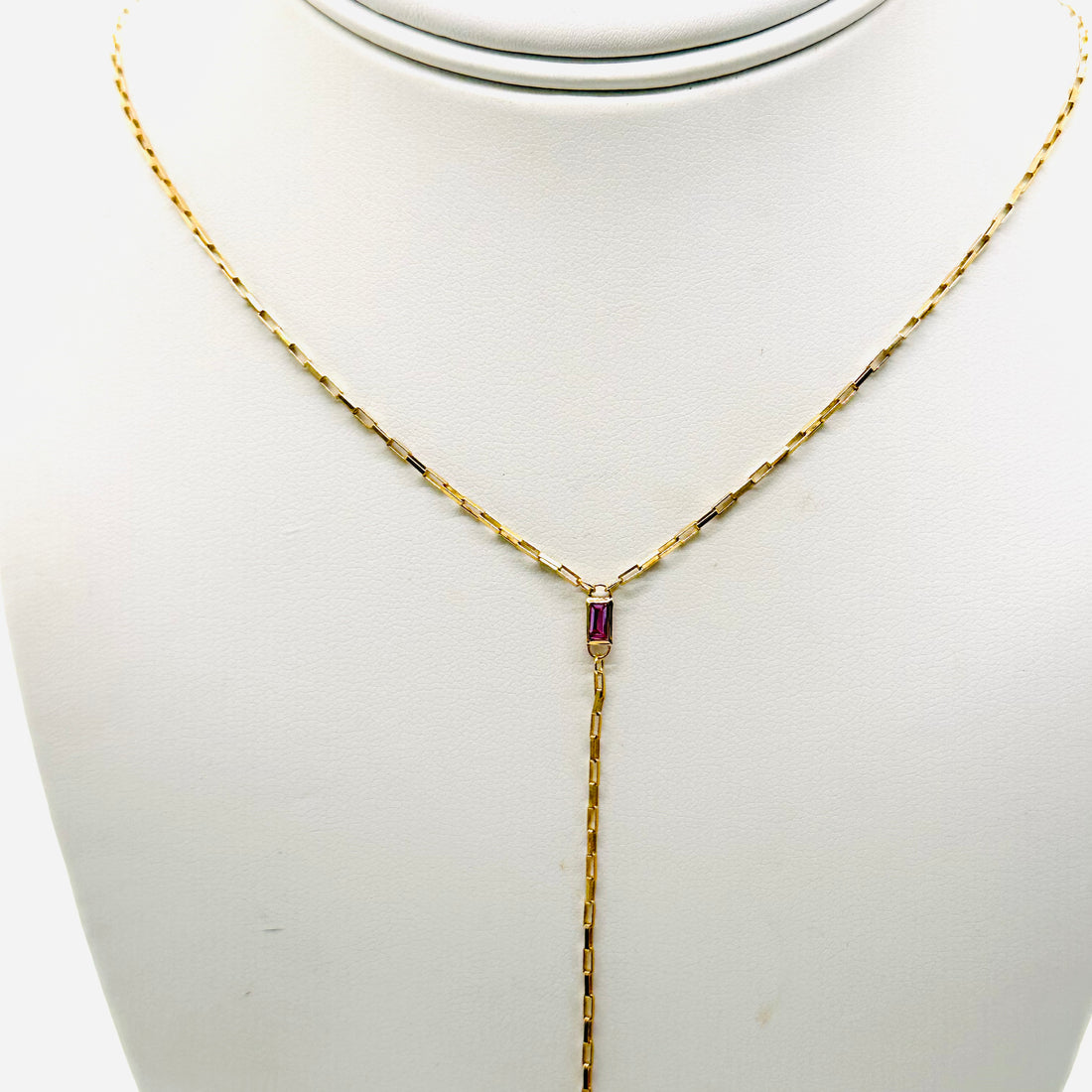 14k chain with pink sapphire and heart drop