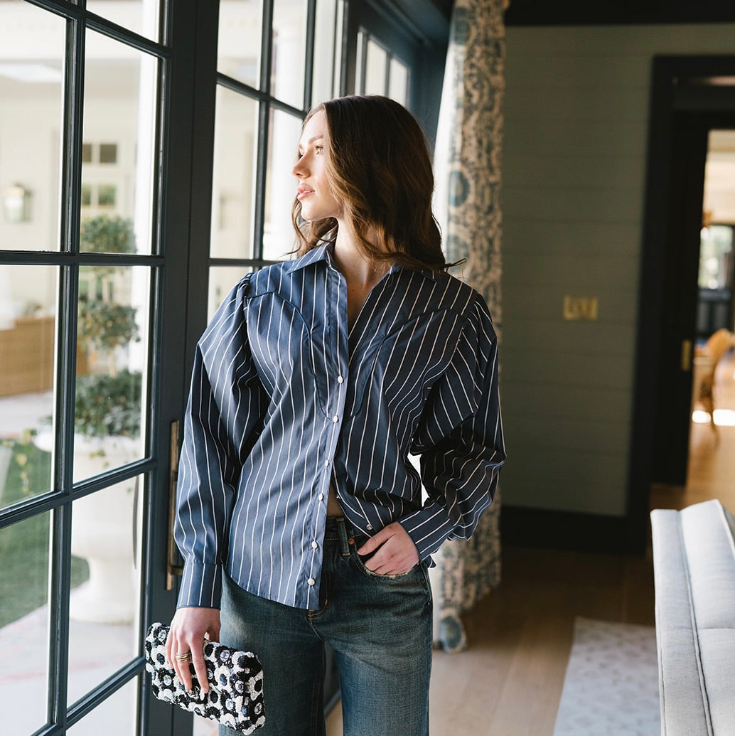 The DOLLY in Navy Metallic Pinstripe