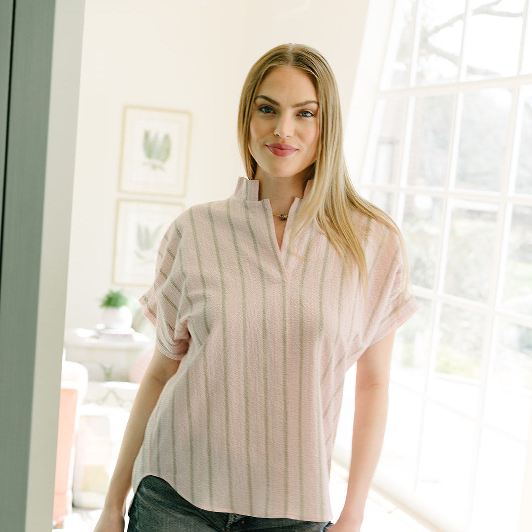 the renea top in pink/red stripe in Italian cotton