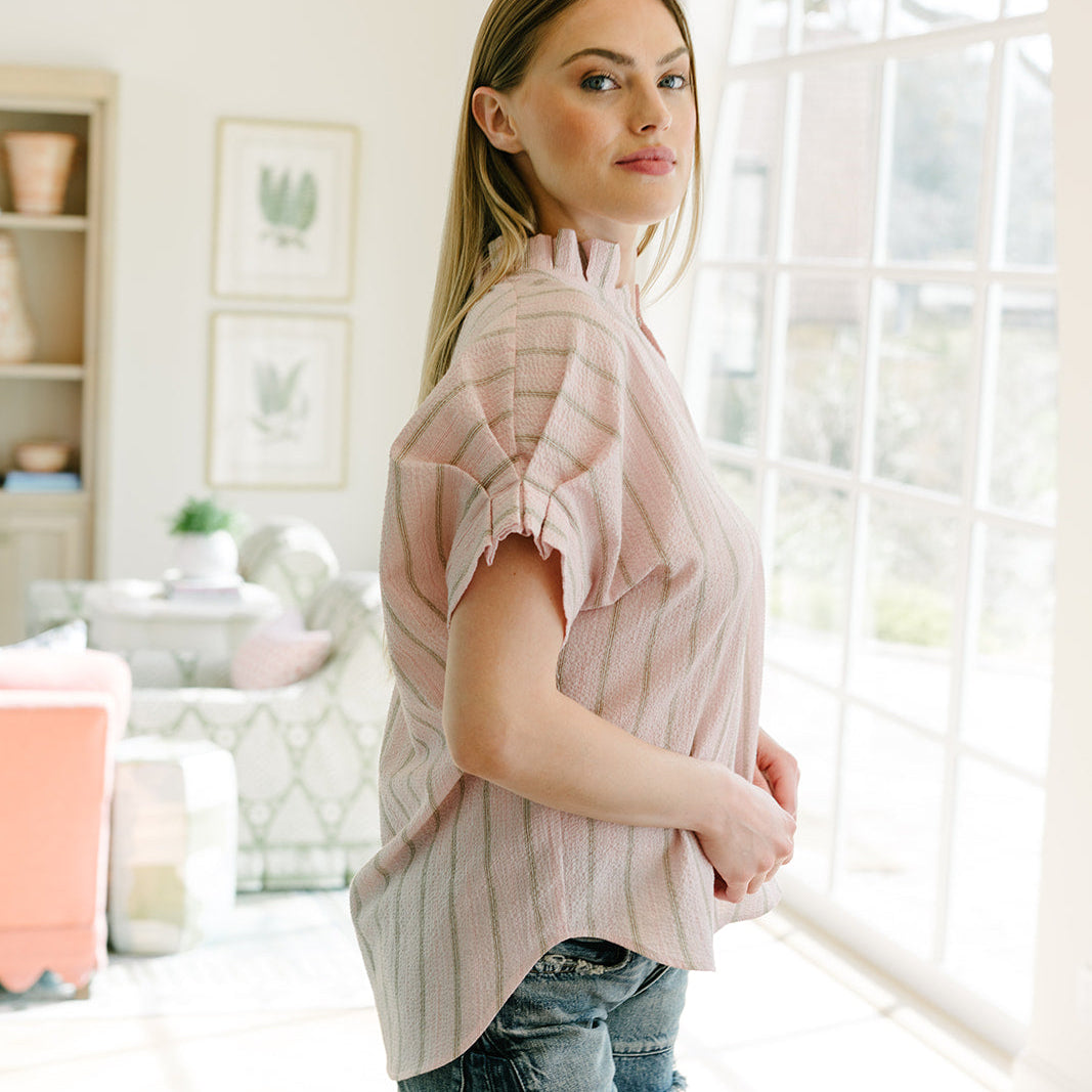 the renea top in pink/red stripe in Italian cotton