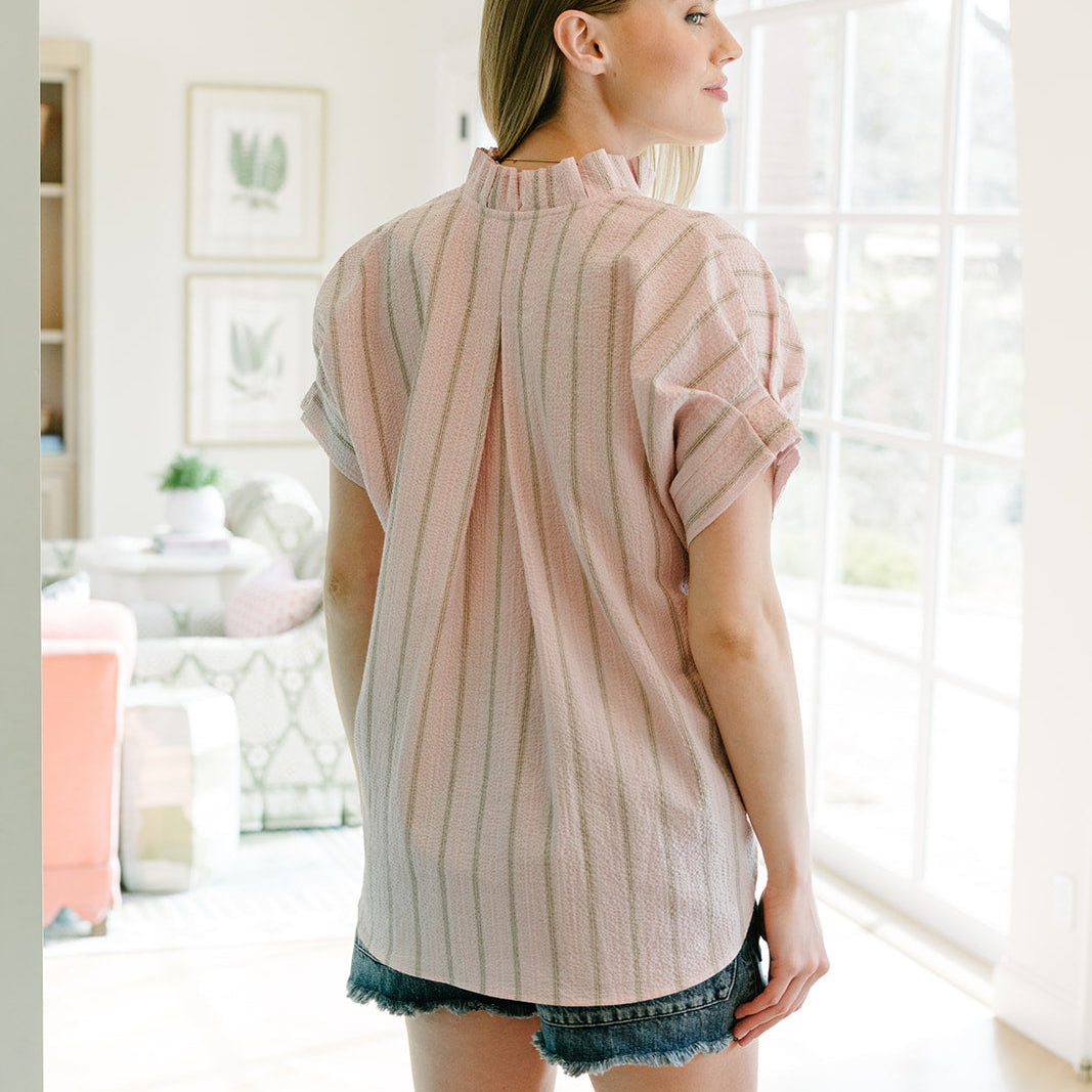 The RENEA Top in Pink/Brown Stripe Seersucker Italian Cotton