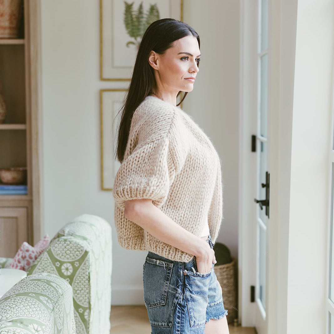 Alpaca short sleeved cardigan in camel