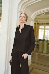 The GEORGETTE Top in Black Tone-on-Tone Stripe