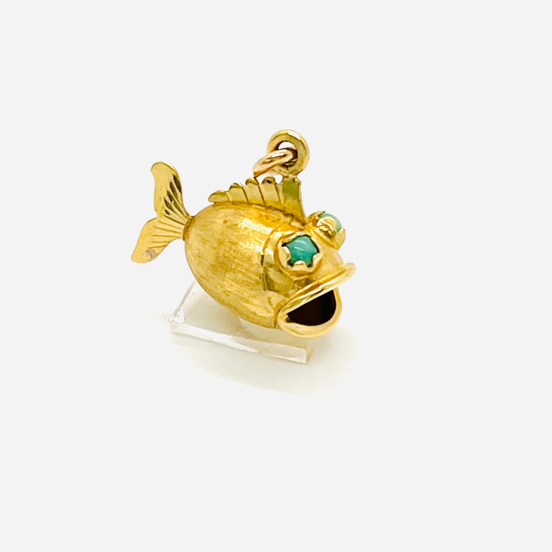 14k antique fish charm with turquoise eyes