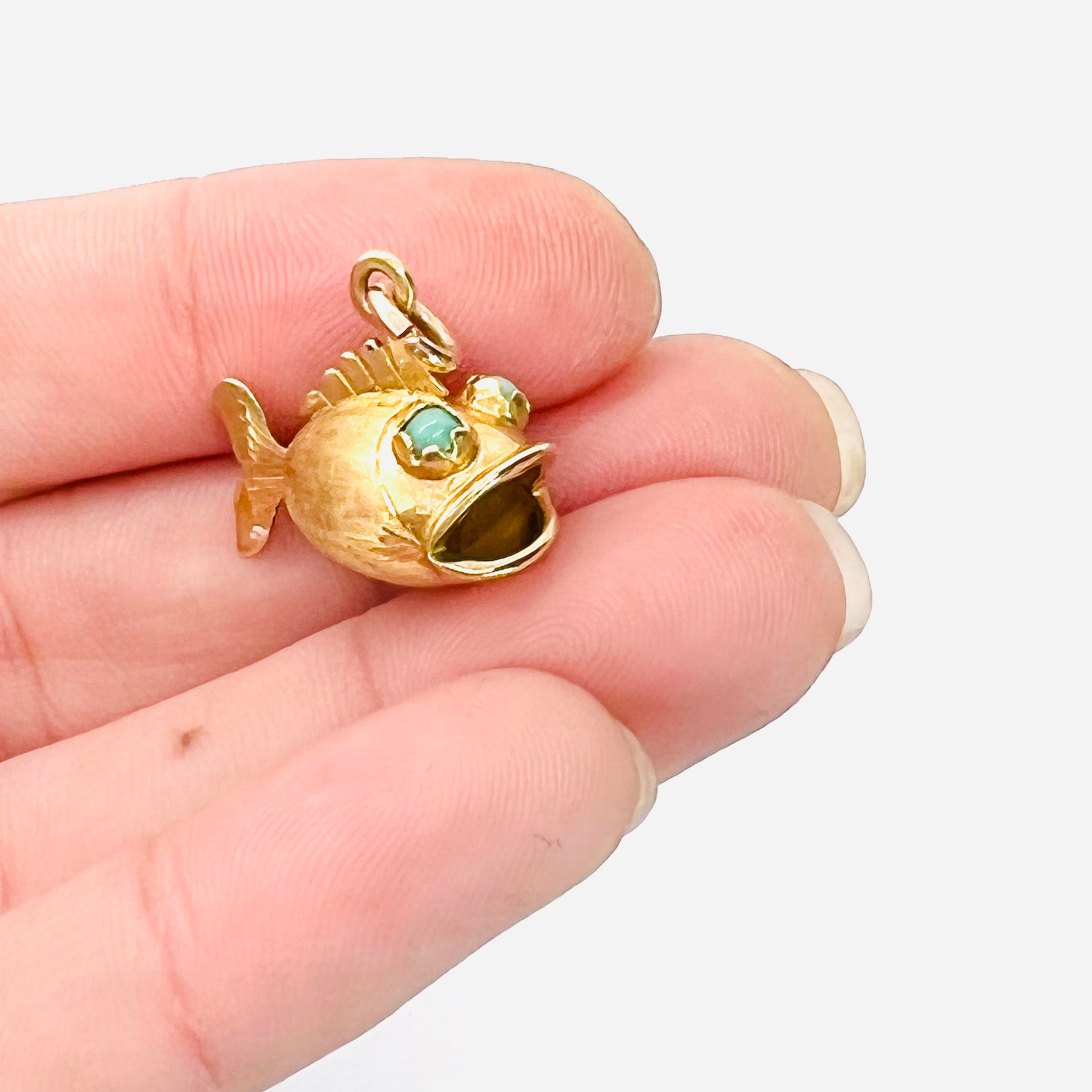 14k antique fish charm with turquoise eyes